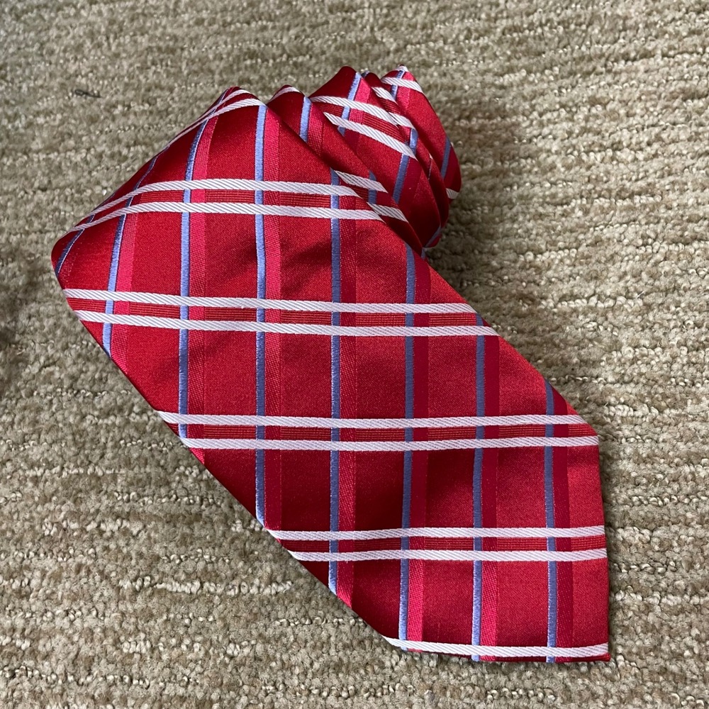 IKE BEHAR‎ NEW YORK Red Plaid Silk Mens Neck Tie Hand Tailored